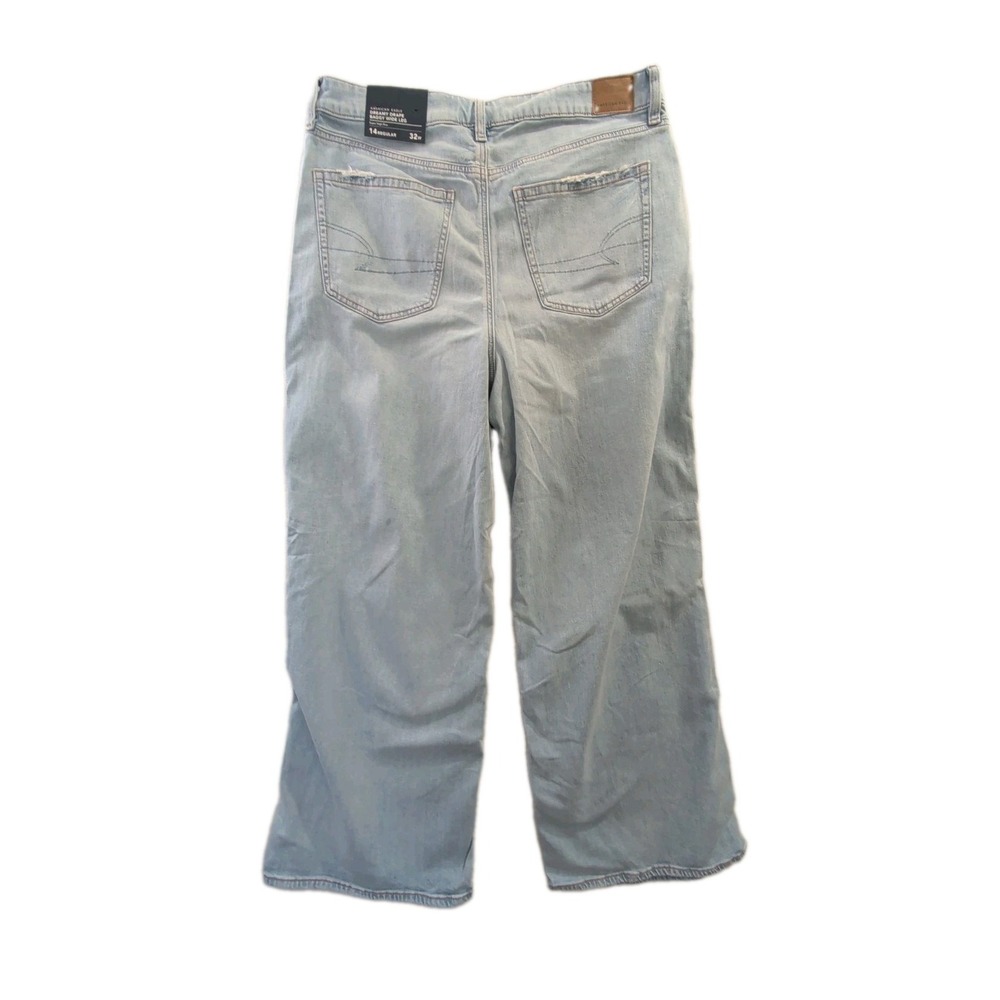 American Eagle Super High Rise Baggy Wide Leg Jeans Womens 14 Blue Distressed - Picture 2 of 9